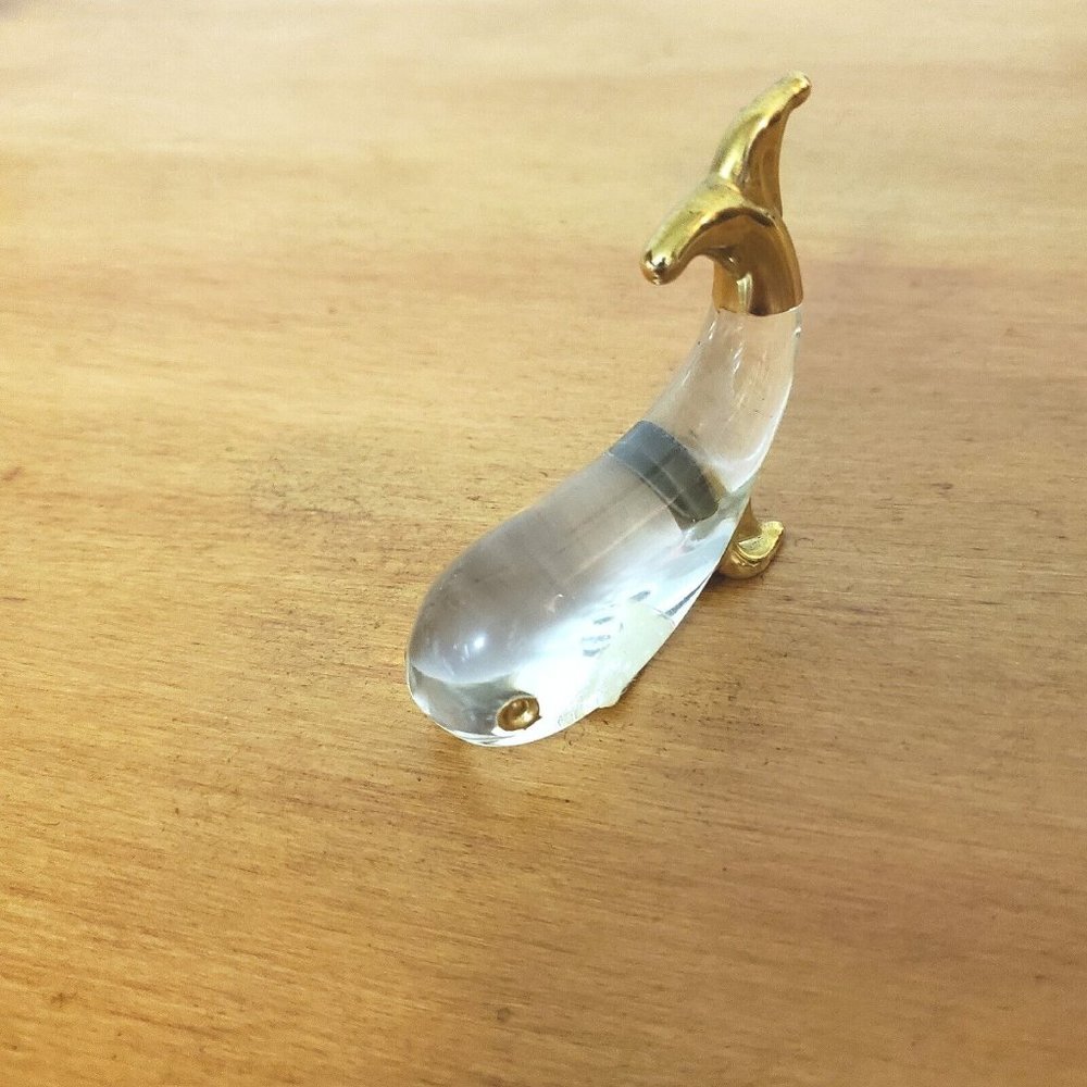 VTG Penco Art Glass Clear Whale Gold Trim 2.5" L Decor Collector Gift. EC